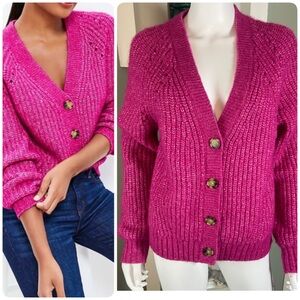 LOFT Fuchsia Pink Pointelle Button-Up Sweater Cardigan Large L Fuzzy